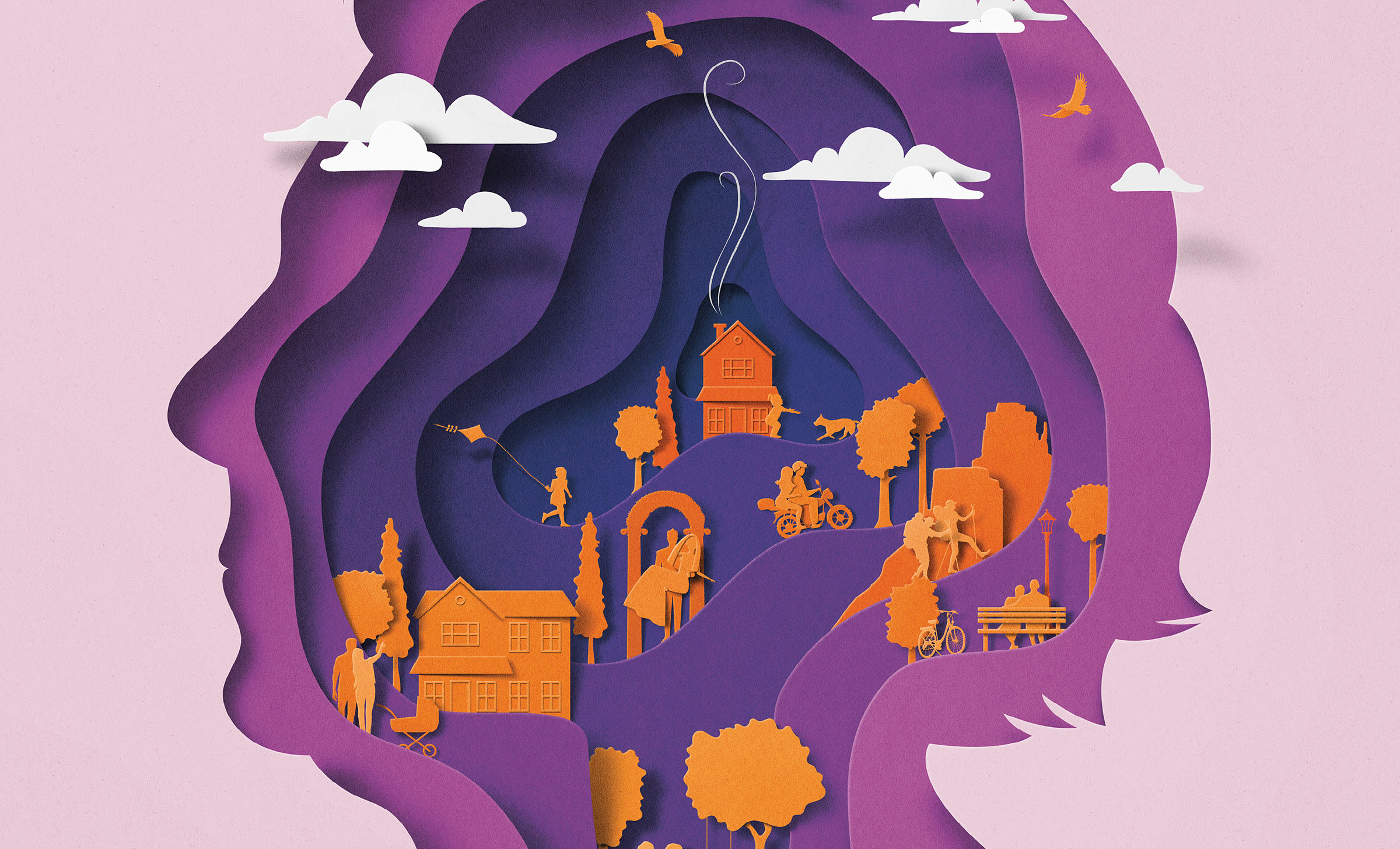 SmartRead magazine cover showing an abstract senior woman’s head in profile with images of birds, clouds and village inside her mind banner